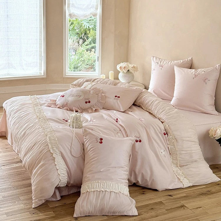 Bedding Set Satin Cherry Embroidery Ruffle 4-Piece Set