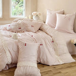 Bedding Set Satin Cherry Embroidery Ruffle 4-Piece Set