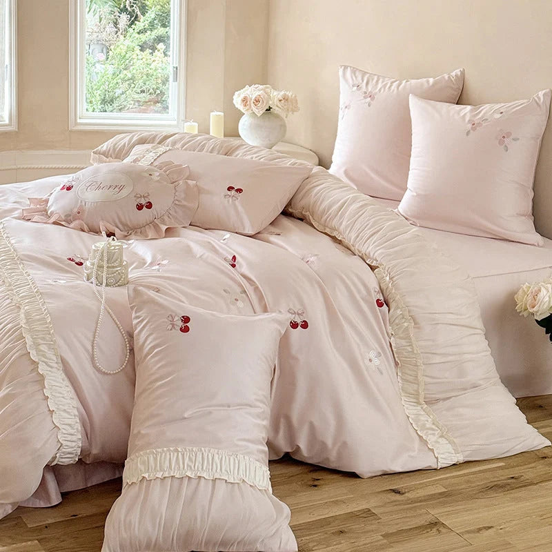 Bedding Set Satin Cherry Embroidery Ruffle 4-Piece Set
