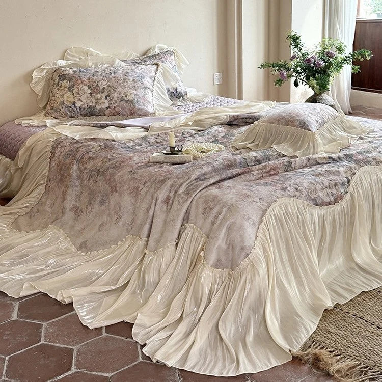 Bedding Set Satin Cotton Blend Floral Pleated Ruffles Easy-Care