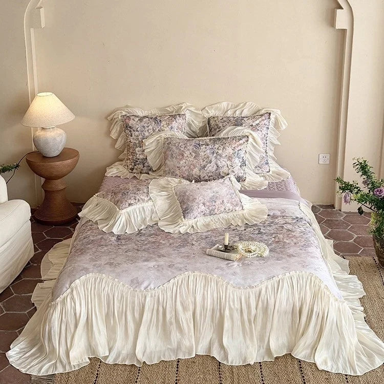 Bedding Set Satin Cotton Blend Floral Pleated Ruffles Easy-Care