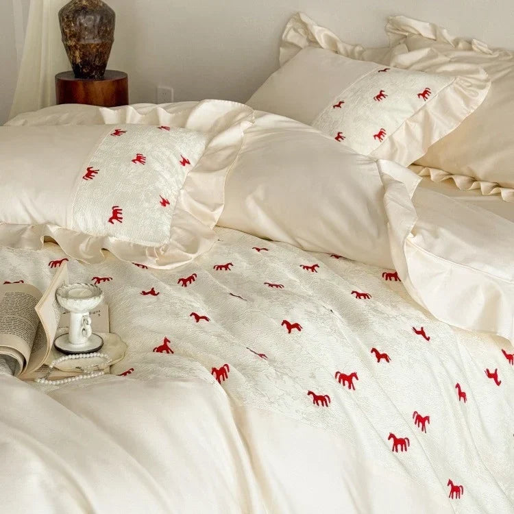 Bedding Set Satin Cotton Blend Ruffle Trim