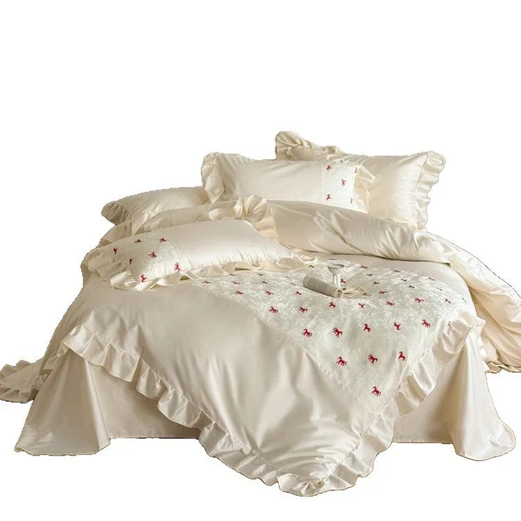 Bedding Set Satin Cotton Blend Ruffle Trim