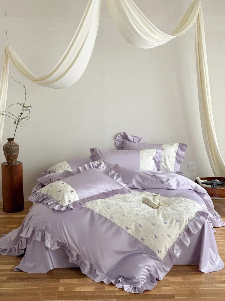 Bedding Set Satin Cotton Blend Ruffle Trim