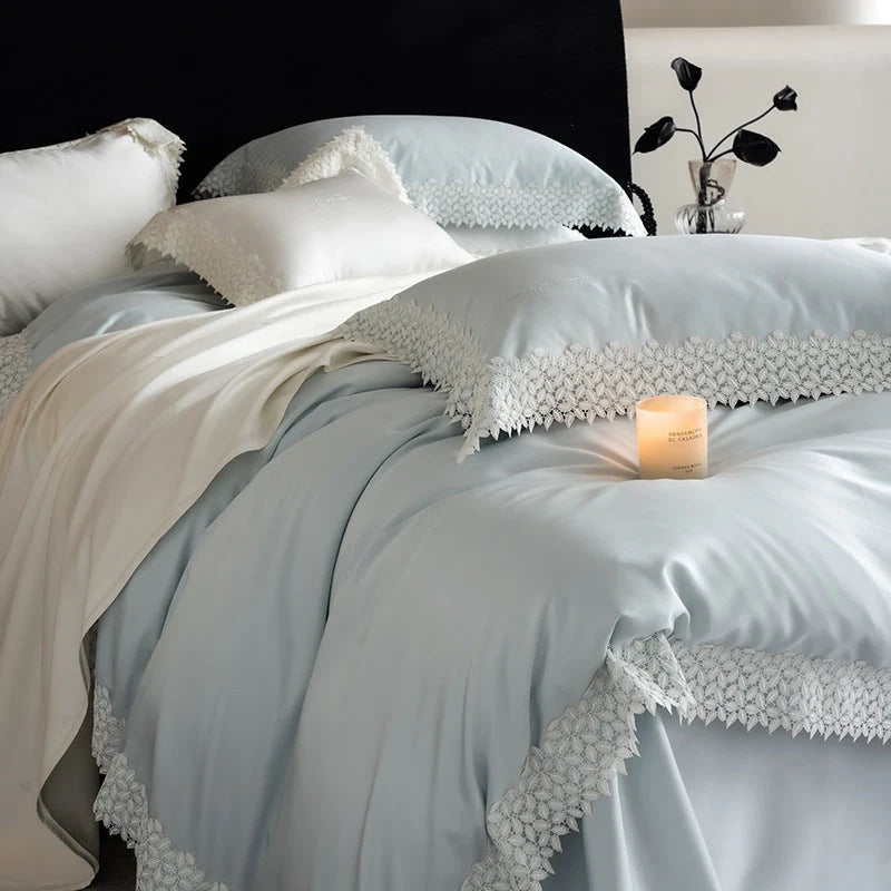 Bedding Set Satin Crochet Lace Trim 4-Piece Set