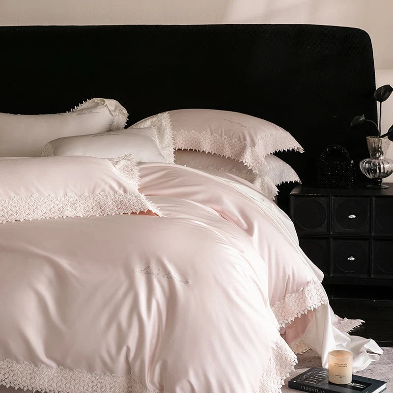 Bedding Set Satin Crochet Lace Trim 4-Piece Set