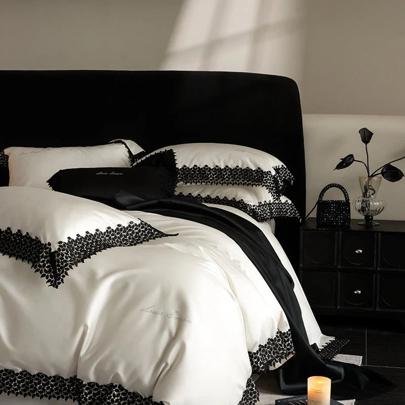 Bedding Set Satin Crochet Lace Trim 4-Piece Set