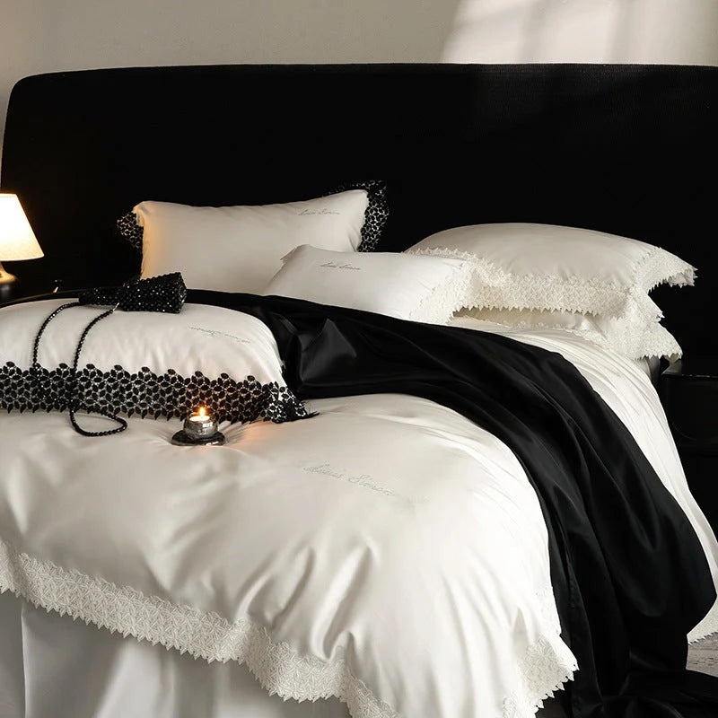 Bedding Set Satin Crochet Lace Trim 4-Piece Set
