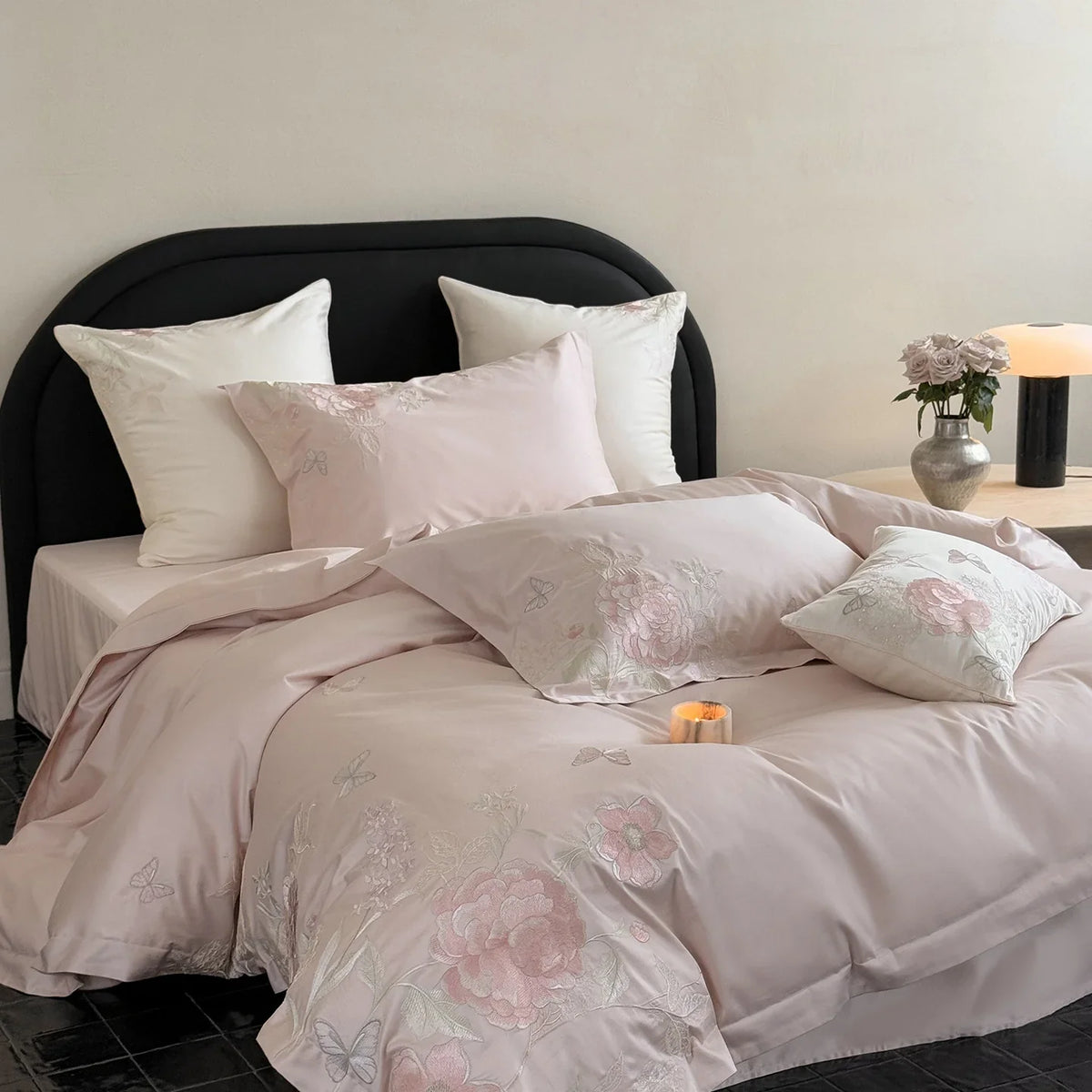 Bedding Set Satin Floral Embroidery 4-Piece