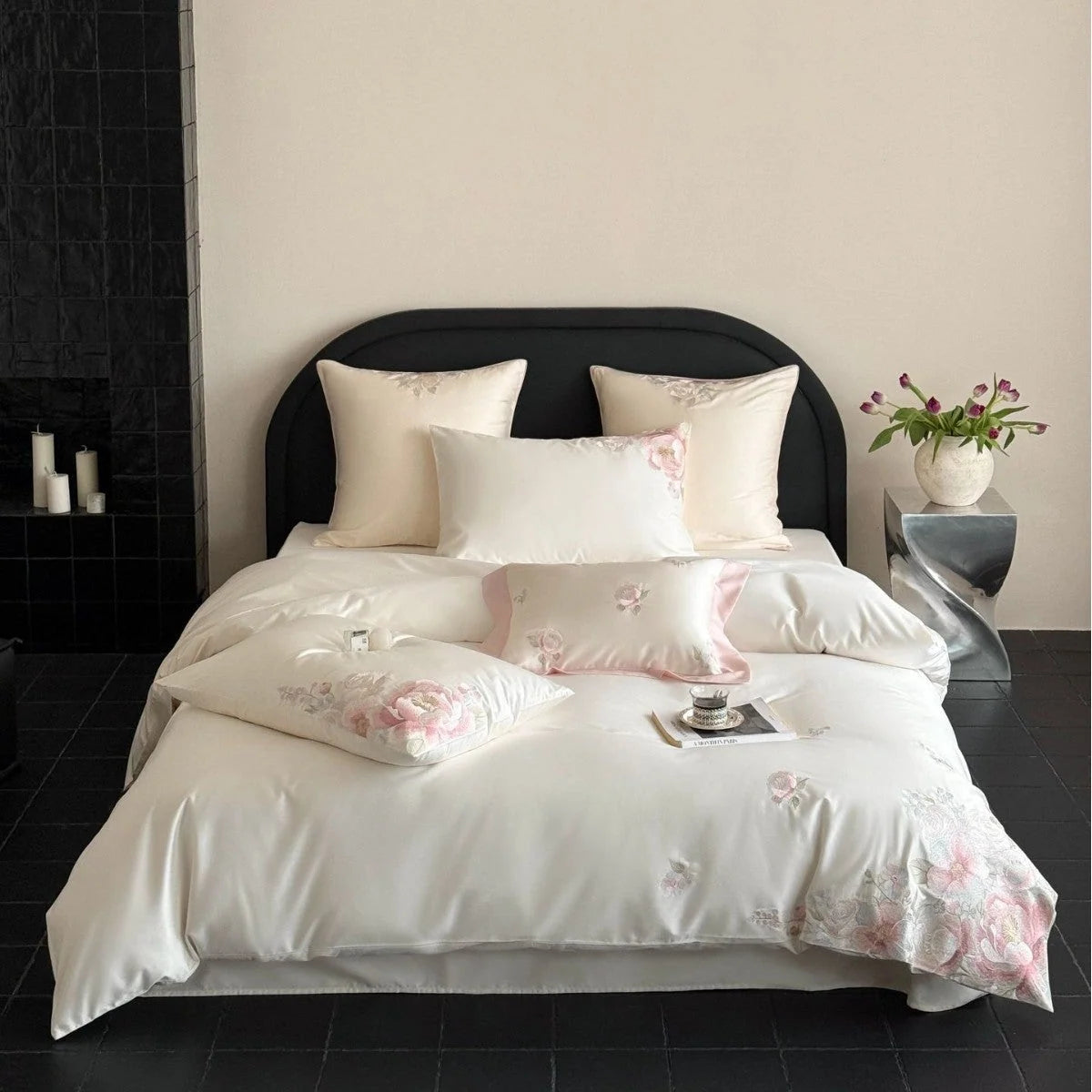 Bedding Set Satin Floral Embroidery 4-Piece