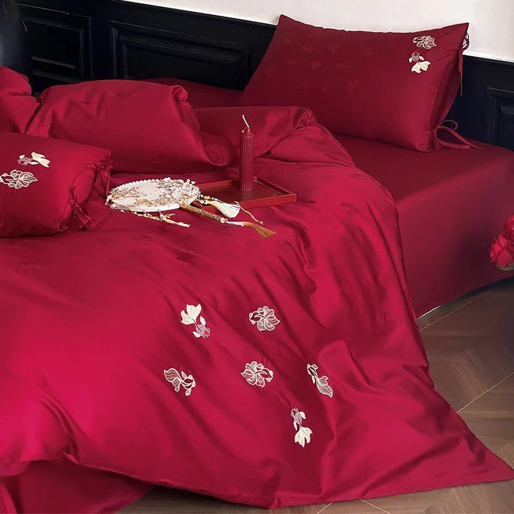 Bedding Set Satin Floral Embroidery 4-Piece Set