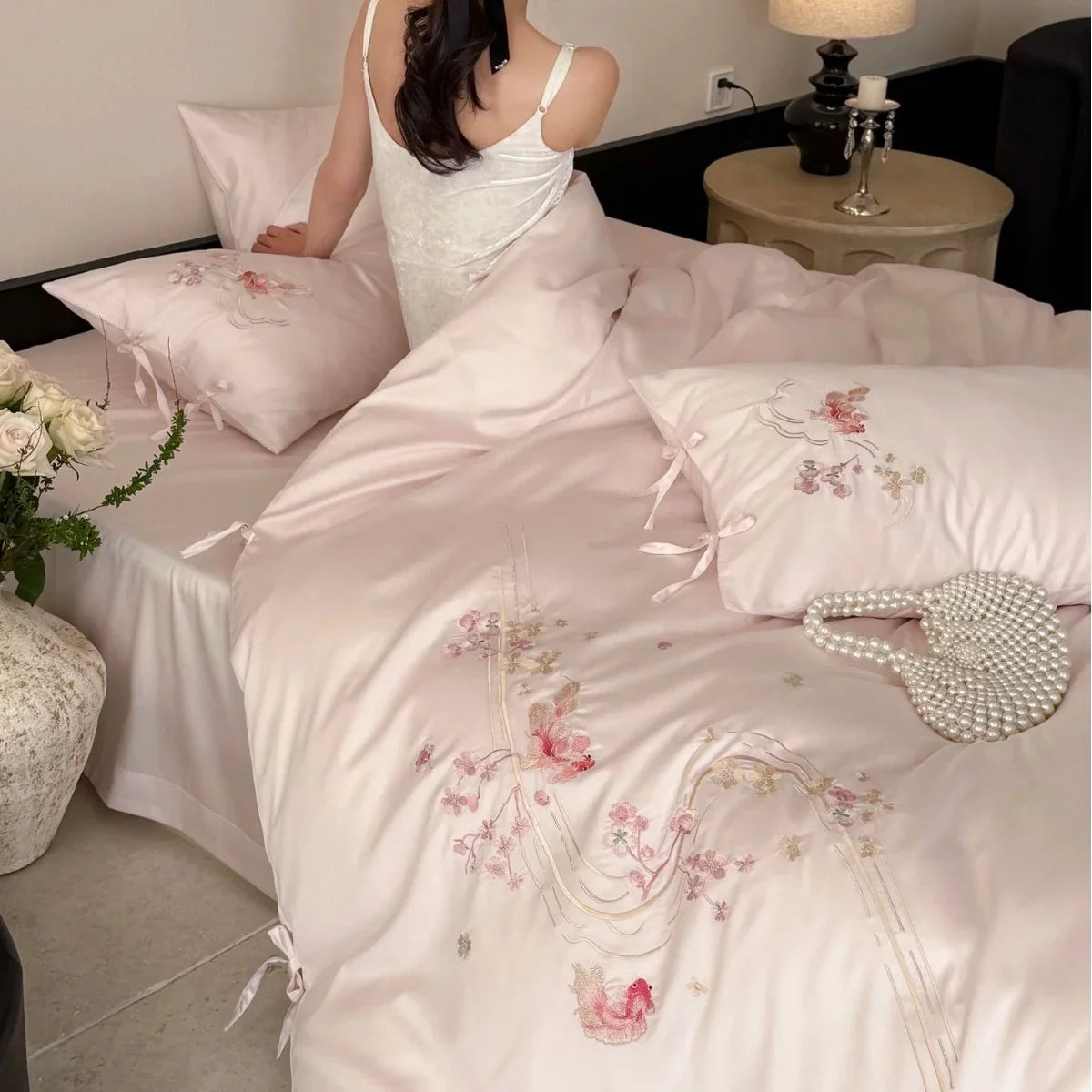 Bedding Set Satin Floral Embroidery Easy Care