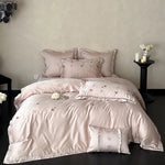 Bedding Set Satin Floral Embroidery & Ruffle Trim 4 Piece