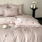 Bedding Set Satin Floral Embroidery & Ruffle Trim 4 Piece
