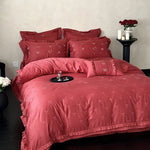 Bedding Set Satin Floral Embroidery & Ruffle Trim 4 Piece