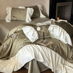 Bedding Set Satin Floral Embroidery & Ruffled Trim