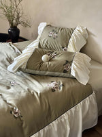 Bedding Set Satin Floral Embroidery & Ruffled Trim