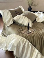 Bedding Set Satin Floral Embroidery & Ruffled Trim