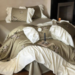 Bedding Set Satin Floral Embroidery Ruffled Trim 4-Piece