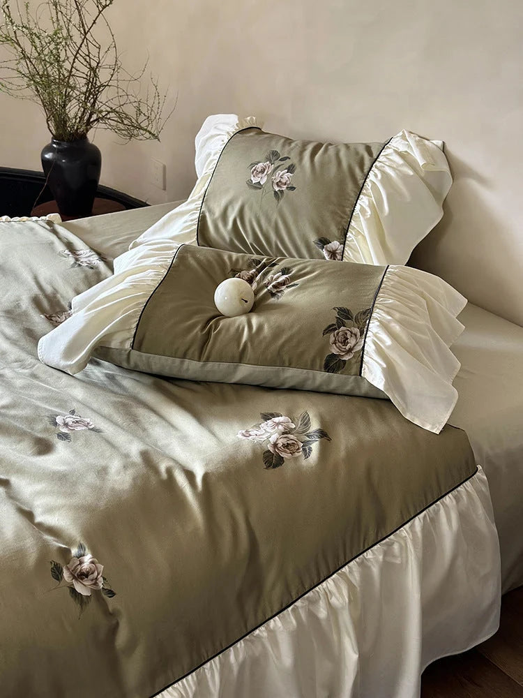 Bedding Set Satin Floral Embroidery Ruffled Trim 4-Piece