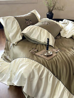 Bedding Set Satin Floral Embroidery Ruffled Trim 4-Piece