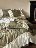Bedding Set Satin Floral Embroidery Ruffled Trim 4-Piece