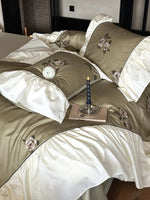 Bedding Set Satin Floral Embroidery Ruffled Trim 4-Piece