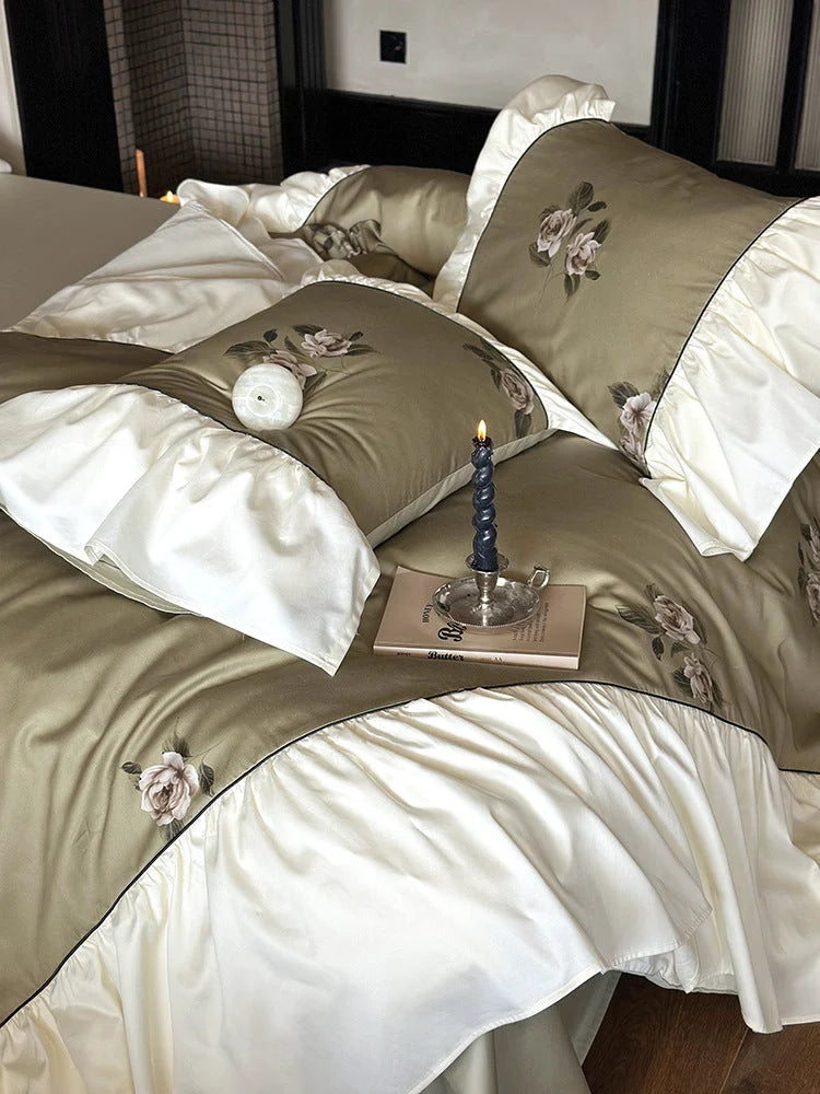 Bedding Set Satin Floral Embroidery Ruffled Trim 4-Piece