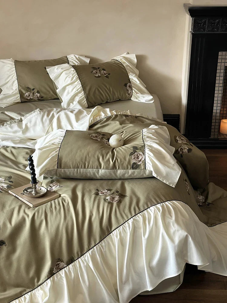 Bedding Set Satin Floral Embroidery & Ruffled Trim