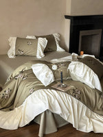 Bedding Set Satin Floral Embroidery & Ruffled Trim