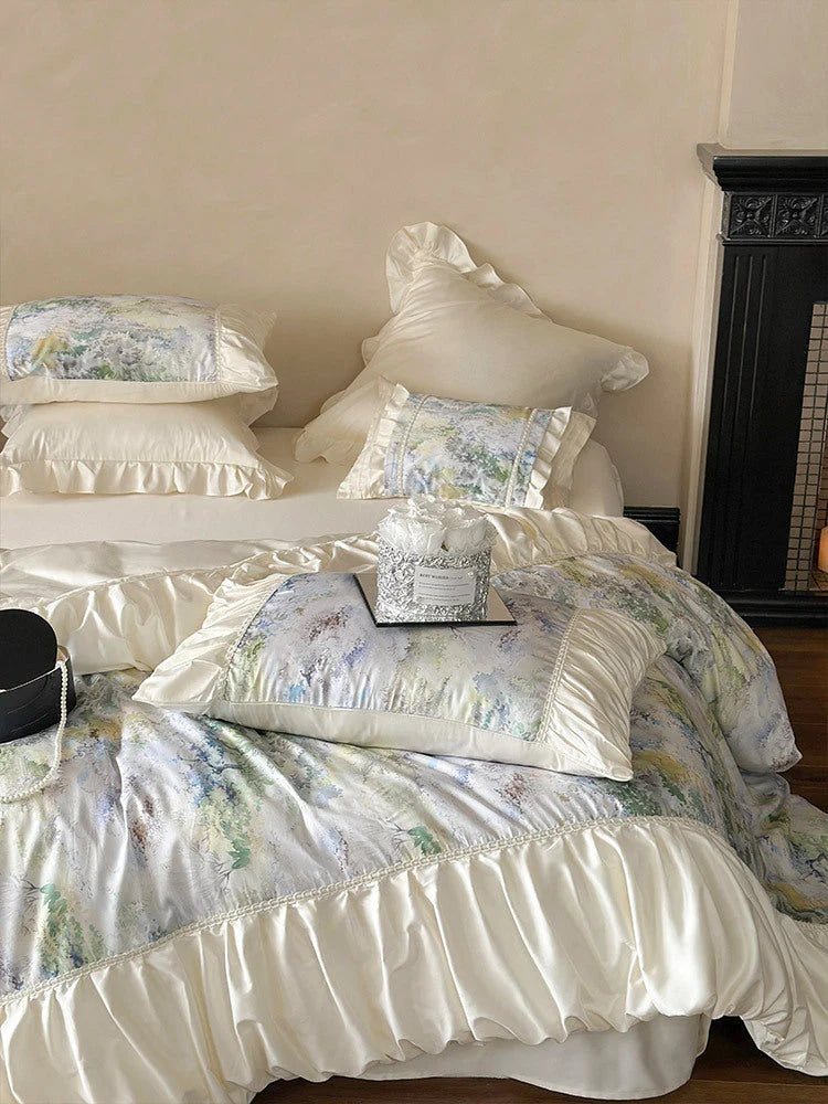 Bedding Set Satin Floral Print Ruffle Trim