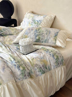 Bedding Set Satin Floral Print Ruffle Trim