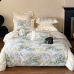 Bedding Set Satin Floral Print Ruffle Trim