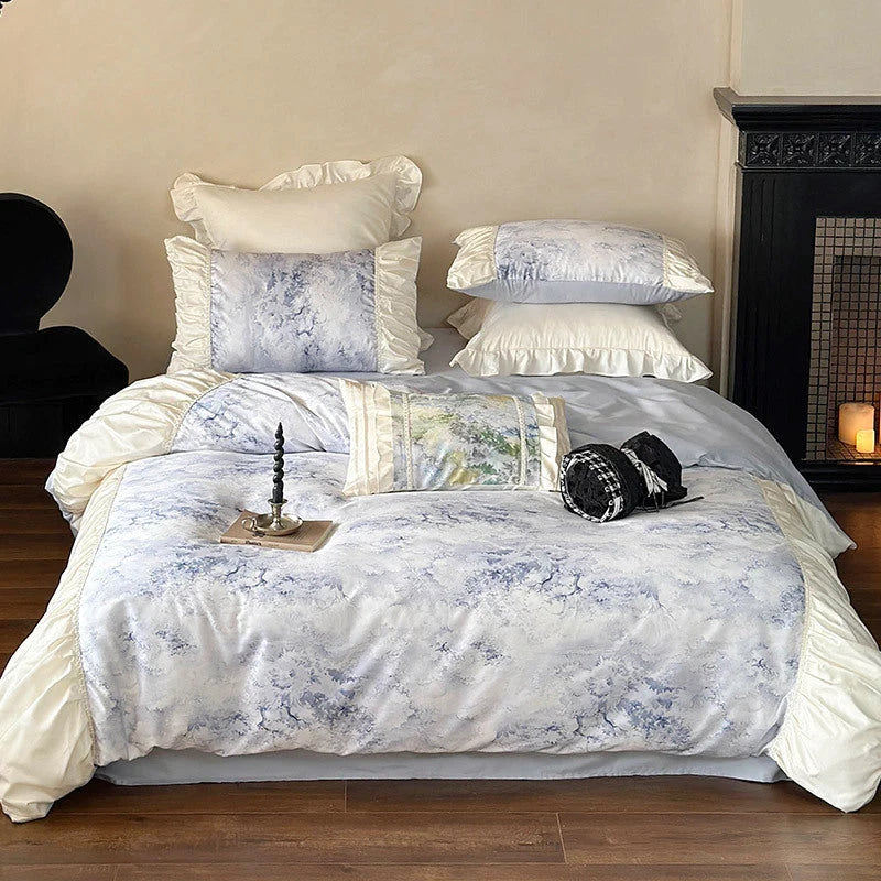 Bedding Set Satin Floral Print Ruffle Trim