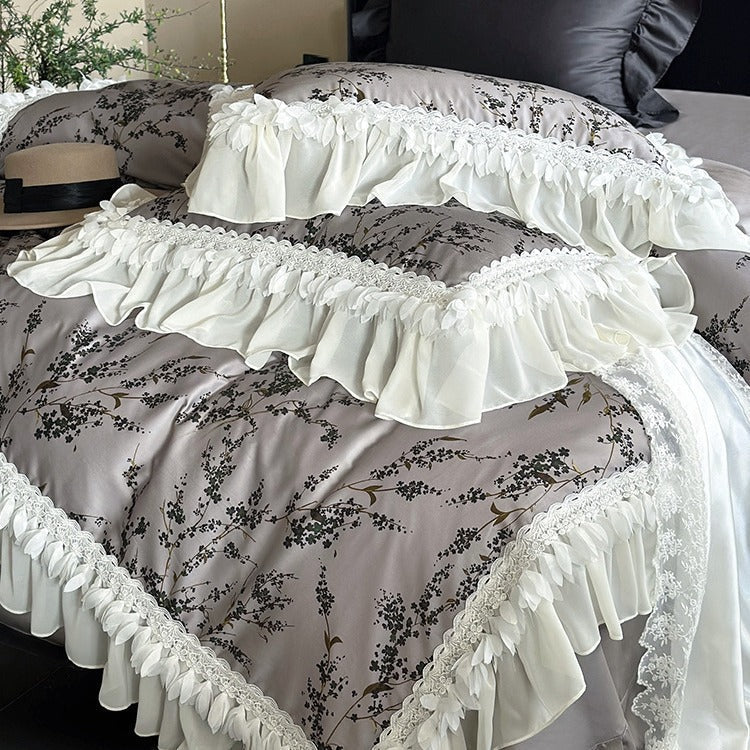 Bedding Set Satin Floral Print Ruffled Lace 4-Piece