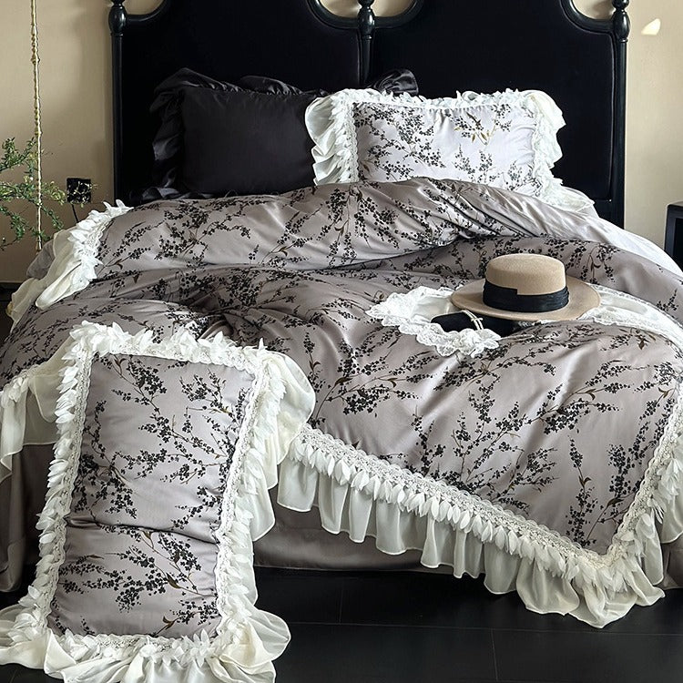 Bedding Set Satin Floral Print Ruffled Lace 4-Piece