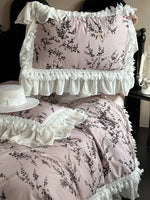 Bedding Set Satin Floral Print Ruffled Lace 4-Piece