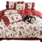 Bedding Set Satin Floral Ruffle Integrated Bed Skirt