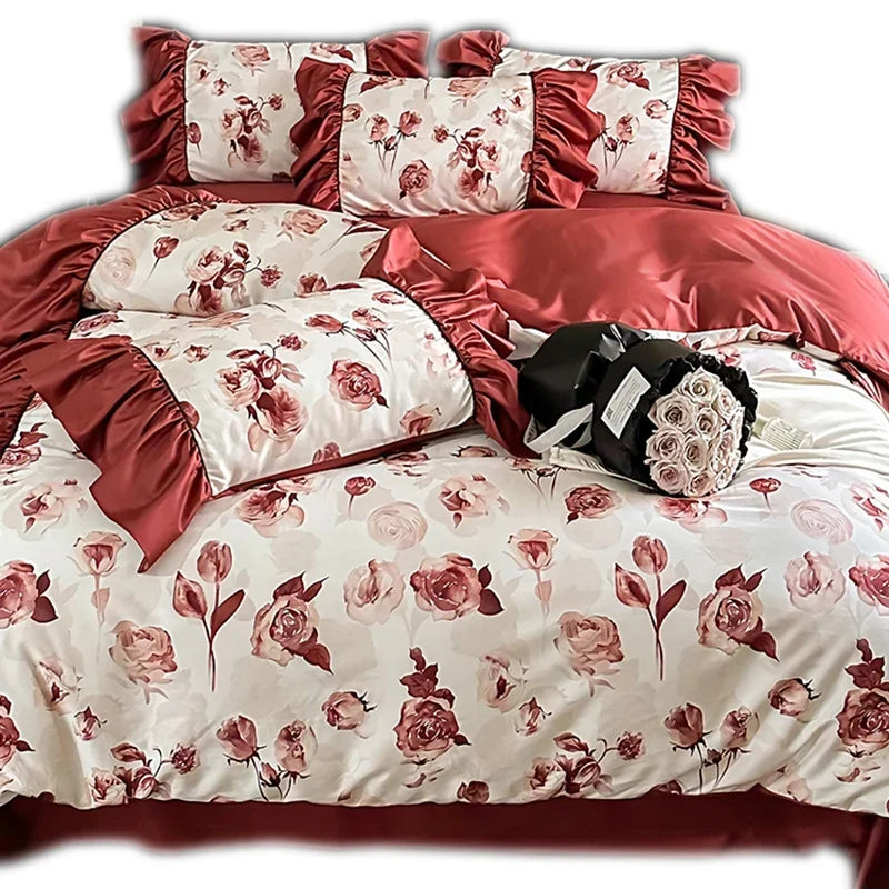 Bedding Set Satin Floral Ruffle Integrated Bed Skirt