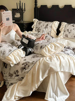 Bedding Set Satin Floral Ruffle Integrated Bed Skirt