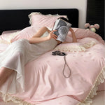 Bedding Set Satin Heart Print Ruffled Edges 4-Piece