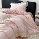 Bedding Set Satin Heart Print Ruffled Edges 4-Piece
