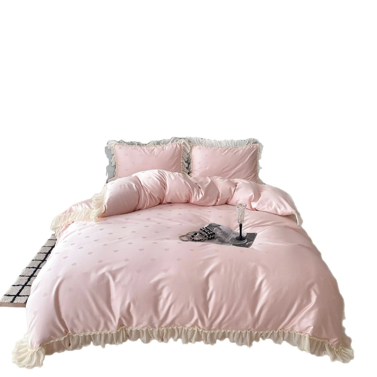 Bedding Set Satin Heart Print Ruffled Edges 4-Piece