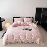 Bedding Set Satin Heart Print Ruffled Edges 4-Piece