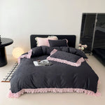 Bedding Set Satin Heart Print Ruffled Edges 4-Piece