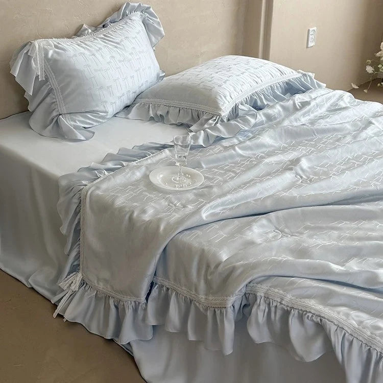 Bedding Set Satin Jacquard Bow Ruffle & Lace 4-Piece
