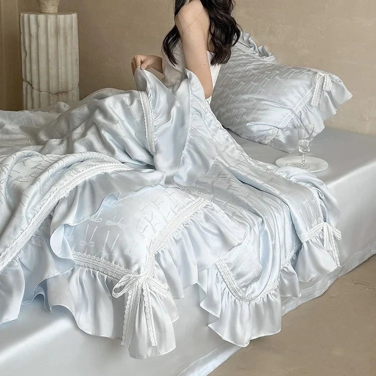 Bedding Set Satin Jacquard Bow Ruffle & Lace 4-Piece