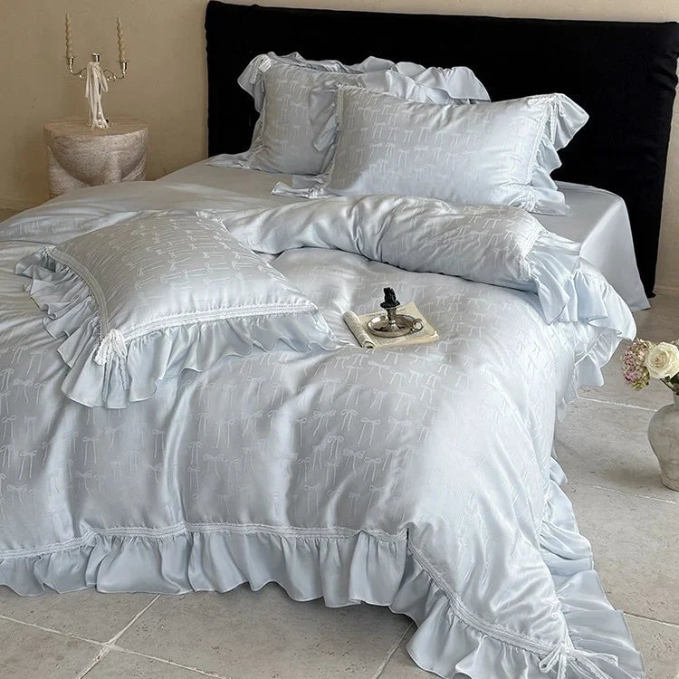 Bedding Set Satin Jacquard Bow Ruffle & Lace 4-Piece