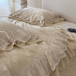 Bedding Set Satin Jacquard Floral Lace Ruffles 4-Piece