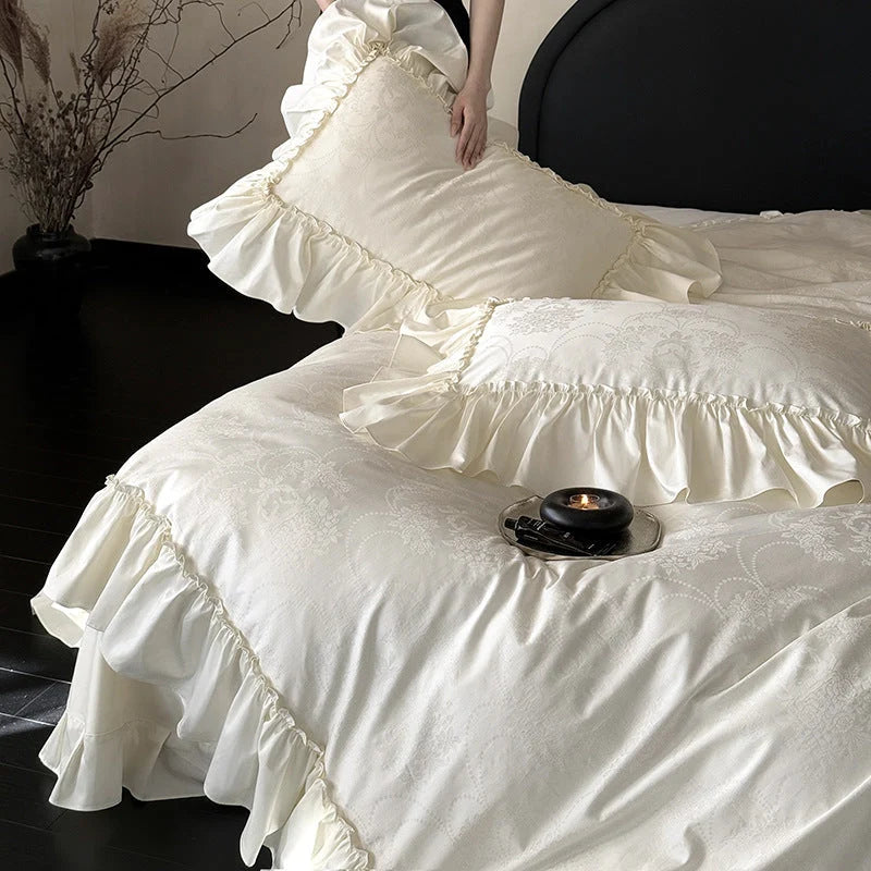 Bedding Set Satin Jacquard Floral Ruffled Edges 4-Piece